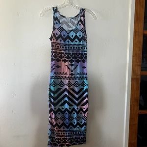 charlotte russe pink and blue tie dye with black aztec print maxi dress size S